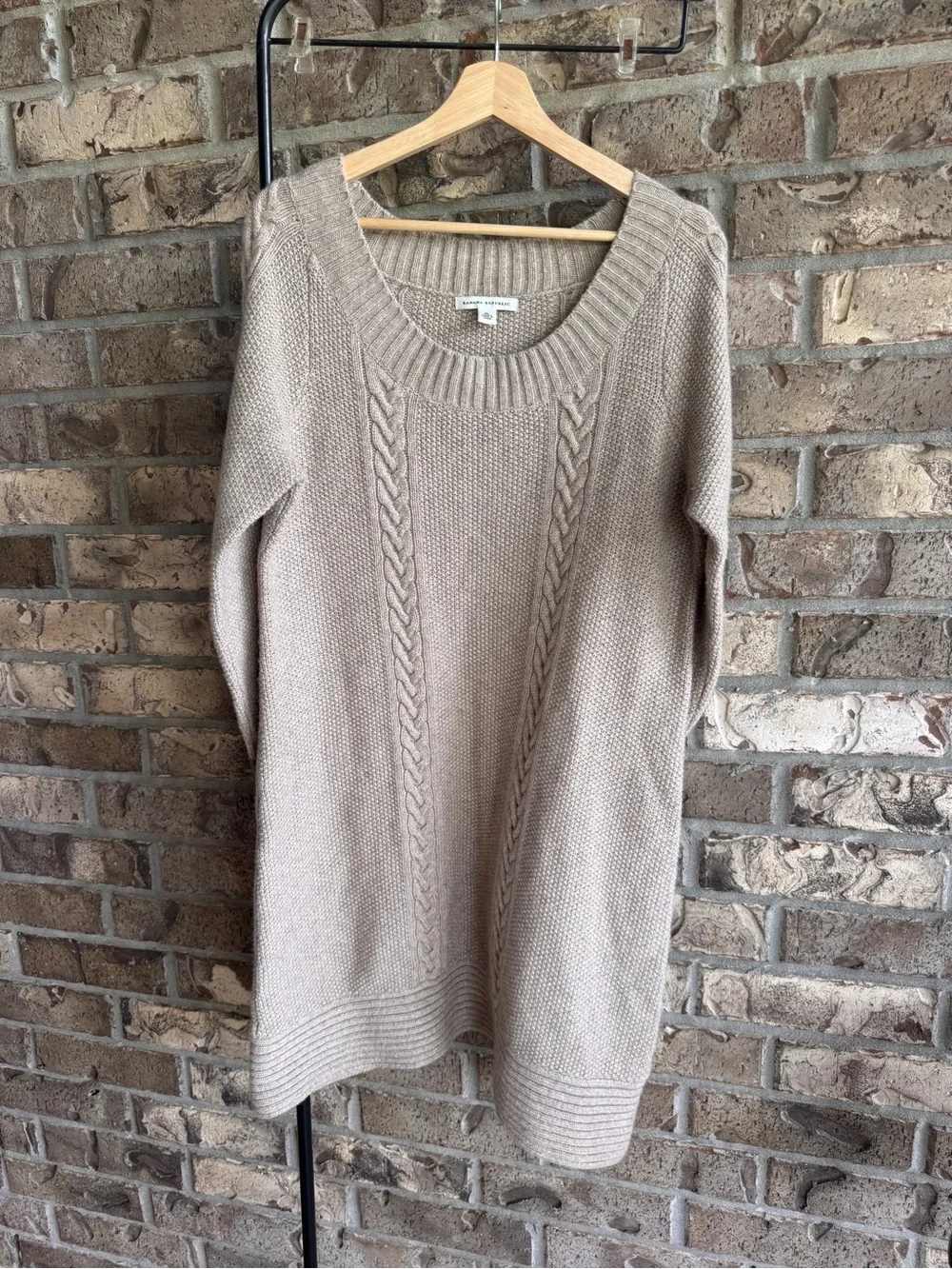 Banana Republic Cable Knit Sweater Dress XL Taupe Lambswool Cashmere Blend